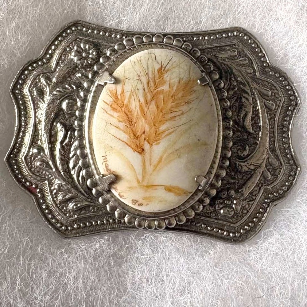 Vintage Hand Painted Wheat Belt Buckle Silver Tone Western Floral Signed